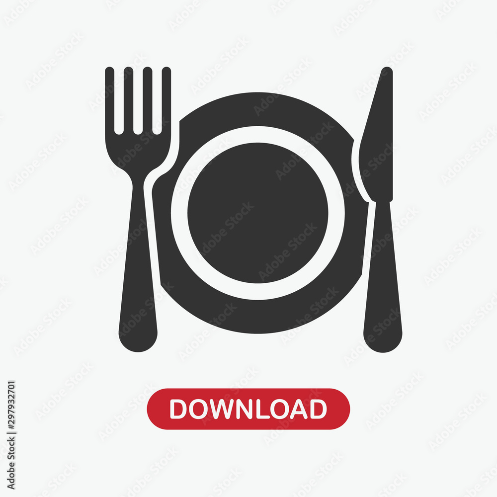 Kitchen icon of dish, fork and knife Kitchen icon of dish, fork and knife