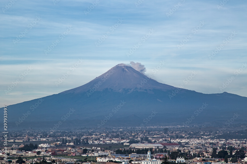 Panoramic view of the city, Popocatepetl volcano, Cholula, Puebla, Mexico Panoramic view of the city, Popocatepetl volcano, Cholula, Puebla, Mexico