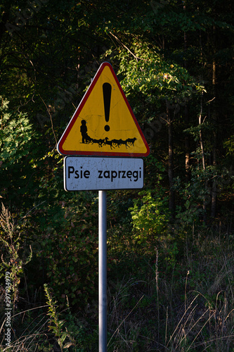 Road sign Dog sledding. Masuria in Poland.