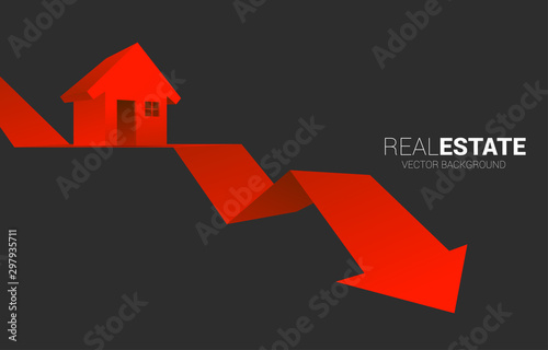 Red 3D home icon on falling down arrow. Concept of decline in real estate business and properties price