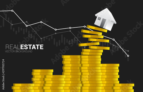 Red 3D home falling down from stack of money coin. Concept of decline in real estate business and properties price