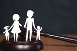 Children section by court. Divorce family. Constitutional court. Divorce and children. Сourt hearing. Judge’s verdict. Symbol law.