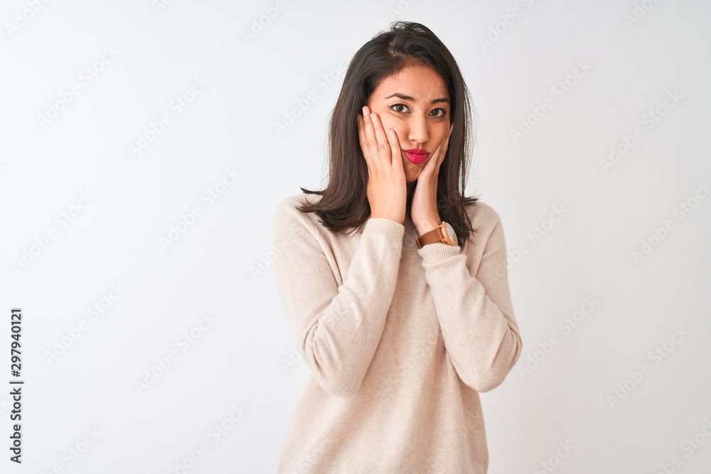 Beautiful chinese woman wearing turtleneck sweater standing over isolated white background Tired hands covering face, depression and sadness, upset and irritated for problem Beautiful chinese woman wearing turtleneck sweater standing over isolated white background Tired hands covering face, depression and sadness, upset and irritated for problem