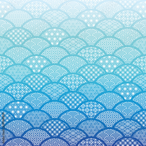 青海波　和風背景　青のグラデーション背景