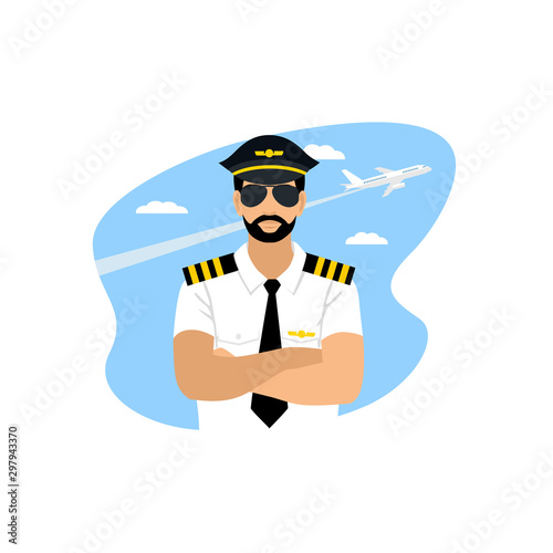 Airline pilot in sunglasses and uniform against the blue sky and an airplane. vector illustration