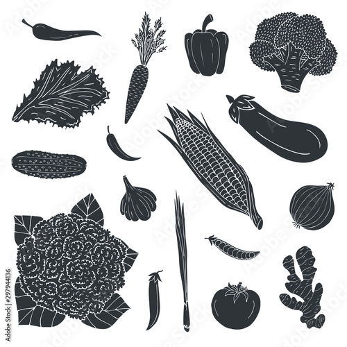Vector hand drawn set bundle of black sketch doodle vegetables isolated on white background