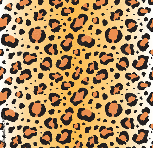 Vector seamless pattern of black leopard or yaguar dots isolated on orange yellow gradient background. Animal fur print illustration
