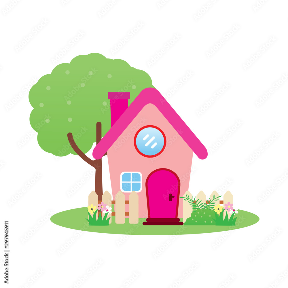 Pink house with fence and tree vector illustration with cute design  isolated on white background suitable for kids Stock Vector | Adobe Stock