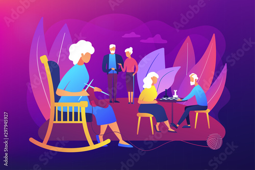Pensioners pastime at senior home. Aged couple playing chess. Activities for seniors, elderly active lifestyle, older people time spending concept. Bright vibrant violet vector isolated illustration