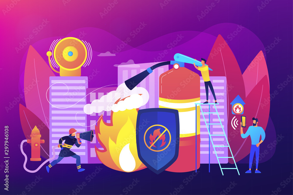 Firefighter extinguishing flame character. Rescuer dangerous job. Fire protection, fire