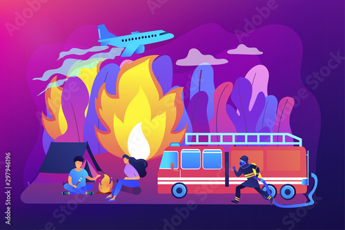 Firefighting emergency service. Fireman with hose character. Prevention of wildfire, forest and grass fire, conflagration safety engineering concept. Bright vibrant violet vector isolated illustration