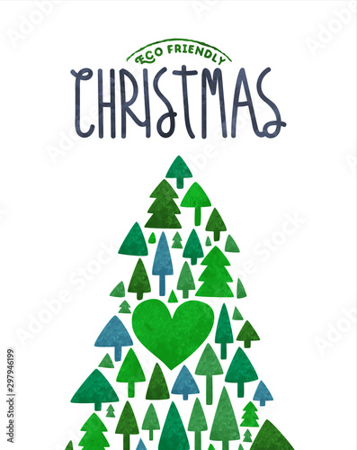 Merry Christmas eco card of green watercolor tree