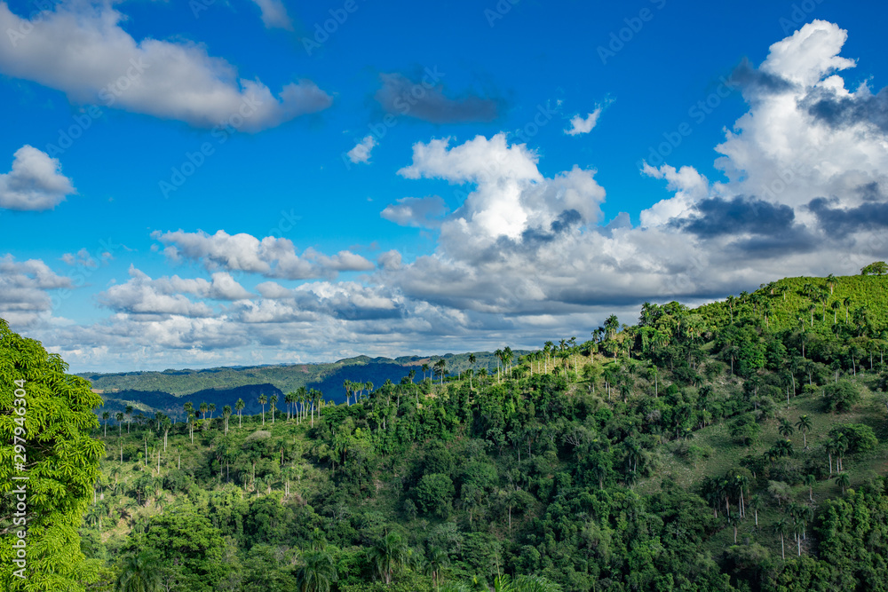 Mountains view, tropical landscape, palm trees, sky scape, sunlight through clouds, Dominican Republic 