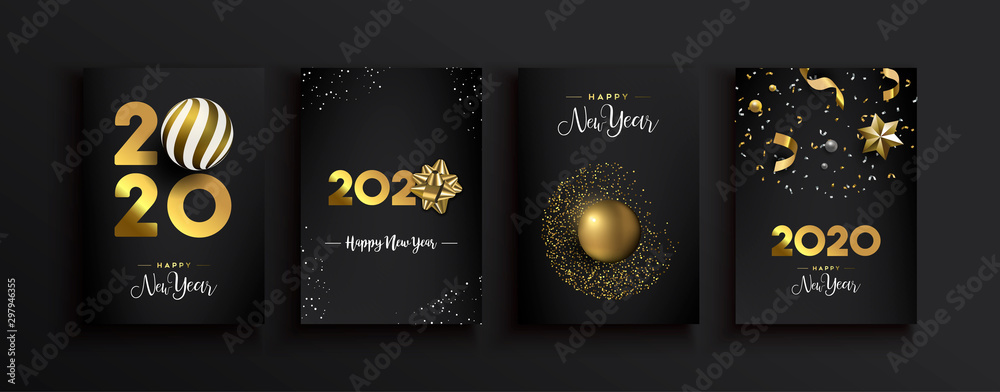 Happy New Year 2020 gold 3d elegant card set - obrazy, fototapety, plakaty 
