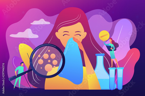 Female patient sneezing, taking a pill from doctor and allergen under magnifier. Allergic diseases, allergy reaction, antihistamines therapy concept. Bright vibrant violet vector isolated illustration