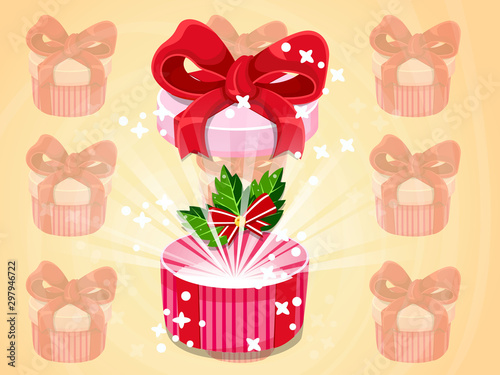 Opened gift box with a gift in the box. Vector clipart illustration for holiday. Celebration event for Birthday and Christmas,Newyear