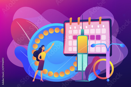 Woman poining at oral contraceptives, iud and bc injection. Female contraceptives, oral hormonal contraception, birth fertility control concept. Bright vibrant violet vector isolated illustration