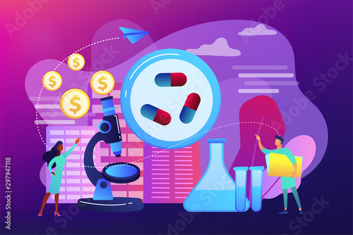 Tiny people scientists in the lab produce pharmaceutical drugs. Pharmacological business, pharmaceutical industry, pharmacological service concept. Bright vibrant violet vector isolated illustration