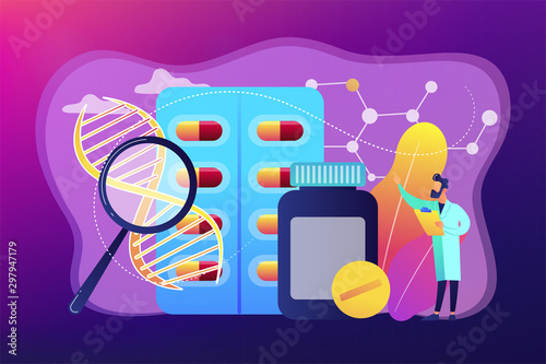 Pharmaceutical drug products manufactured from biological sources. Biopharmacology products, biological medical product, natural pharmacy concept. Bright vibrant violet vector isolated illustration