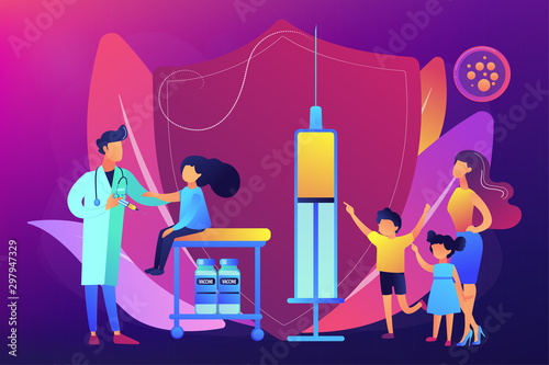 Pediatrician giving girl injection. Vaccination of preteens and teens, older children immunization, prevent your kids from diseases concept. Bright vibrant violet vector isolated illustration