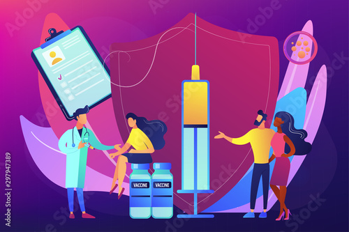 Woman getting flu shot. Contagious disease prevention. Vaccination of adults, adult immunization schedule, vaccine preventable diseases concept. Bright vibrant violet vector isolated illustration