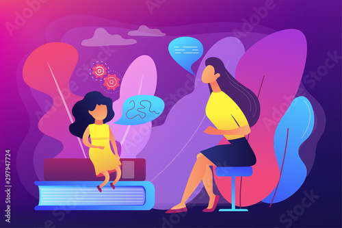 Speech-language pathologist. Basic language skills. Articulation problem. Speech therapy, language therapy, improve language development concept. Bright vibrant violet vector isolated illustration