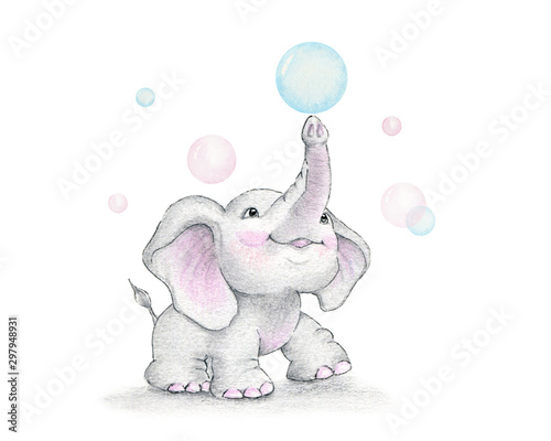 Cute elephant and soap bubbles