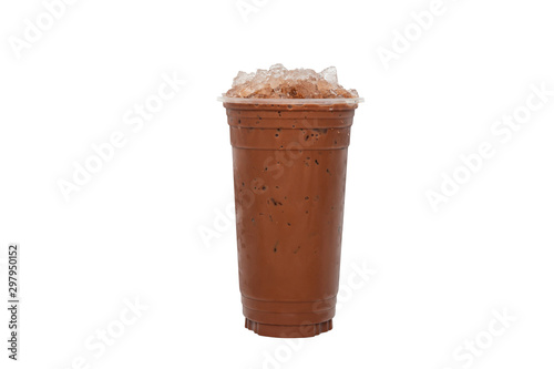 Cocoa glass, isolated on white background.Freshly squeezed with ice cubes. Juice in a glass isolate on white background.