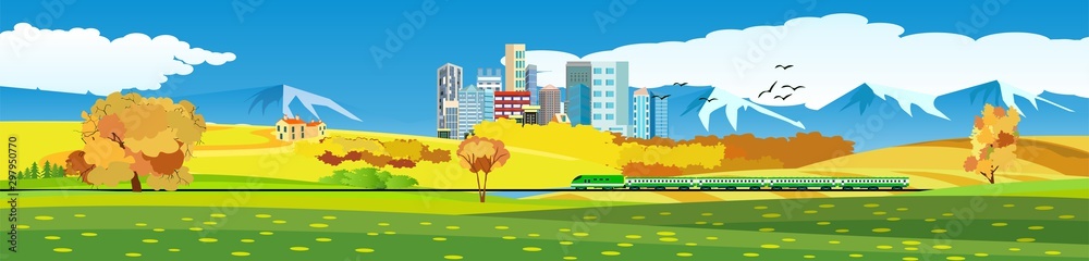  city, farm houses, green fields, train on railroad, landscapes banners vector design.  Horizontal panoramic illustration