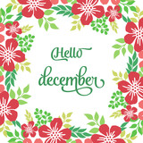 Collection of card hello december, with ornament art of red wreath frame. Vector