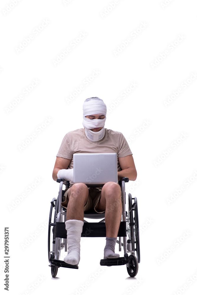 Injured man in wheel-chair isolated on white Injured man in wheel-chair isolated on white
