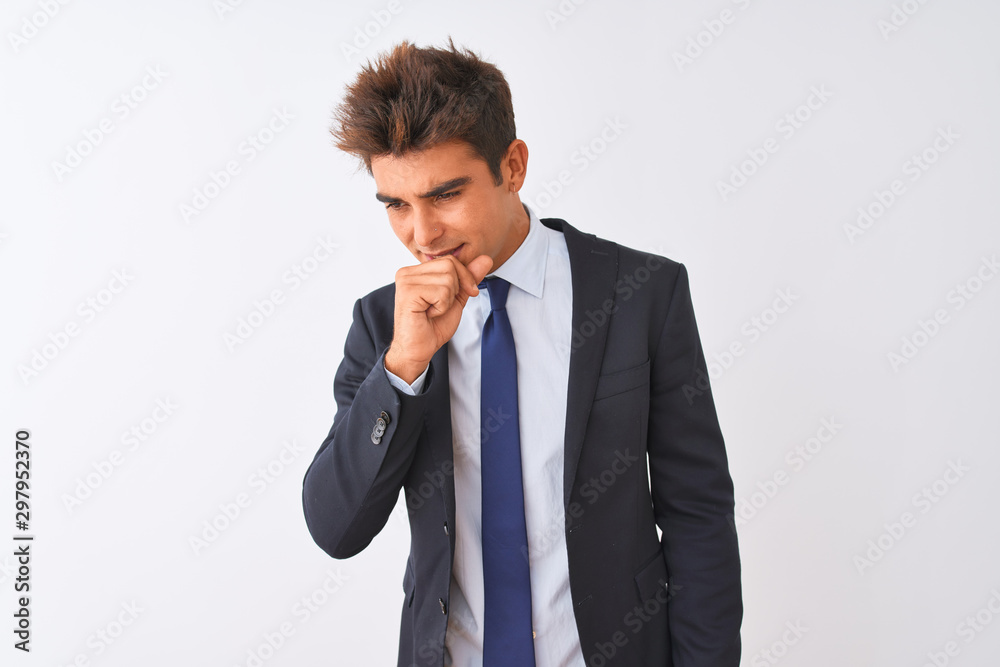 Young handsome businessman wearing suit standing over isolated white background feeling unwell and coughing as symptom for cold or bronchitis. Healthcare concept. Young handsome businessman wearing suit standing over isolated white background feeling unwell and coughing as symptom for cold or bronchitis. Healthcare concept.