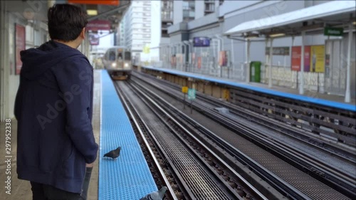 Wallpaper Mural Young hispanic man waiting for the train at train station in Chicago Illinois as some pigeons fly away when the train arrives. Torontodigital.ca