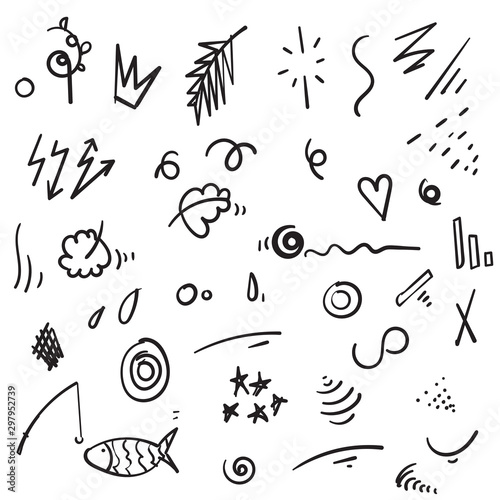 Abstract hand drawn vector symbols set. Hearts  circles  doodles pack with Geometric shapes and marker scribbles  Ink  pencil  brush smears. Spot  cross  arrow  leaf doodle cartoon