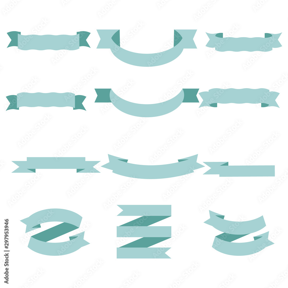 Blue Pastel Ribbon Set In Isolated White Background, Vector Illustration. Gold Ribbon Set In Isolated White Background, Vector Illustration