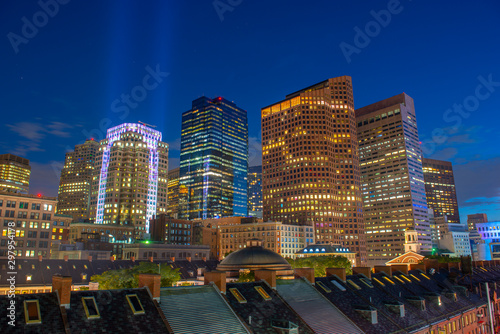 Boston Financial District buildings at night, Boston, Massachusetts, USA.