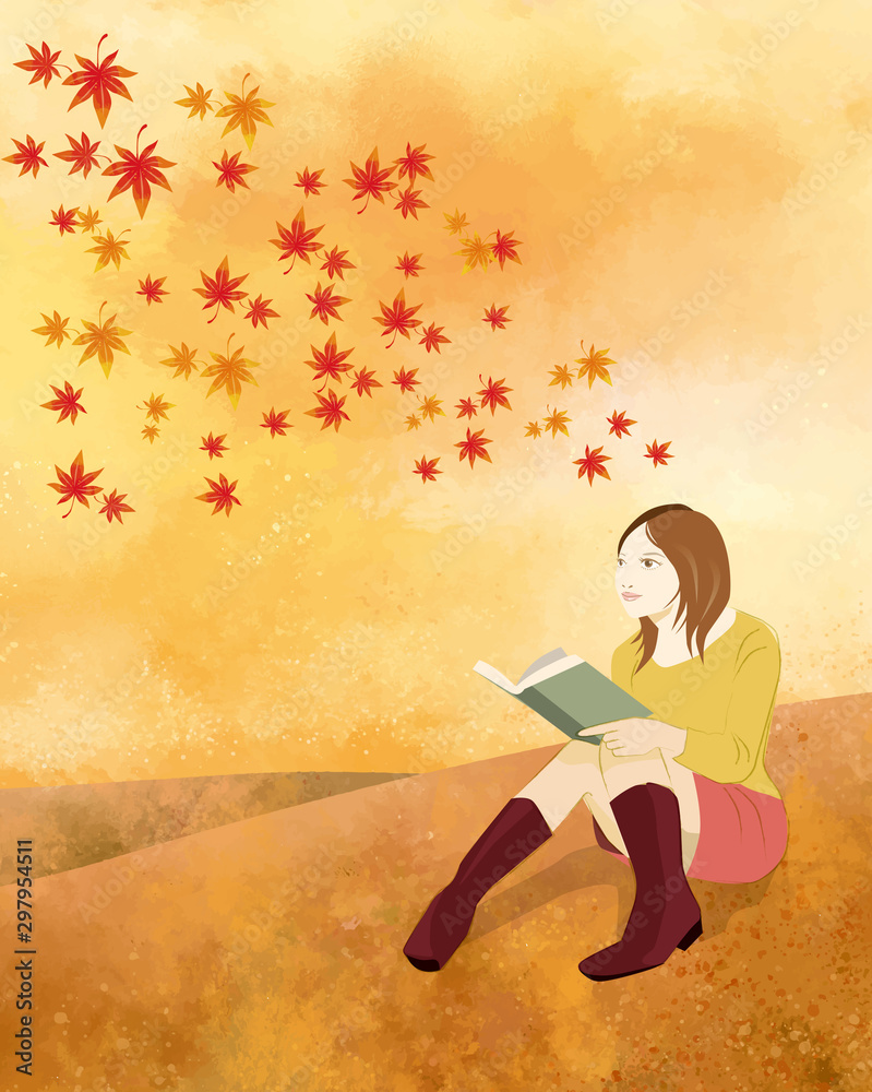 秋 人物 秋 本 女性 背景 おしゃれ 読書の秋 朗読 本 図書 Stock Vector Adobe Stock