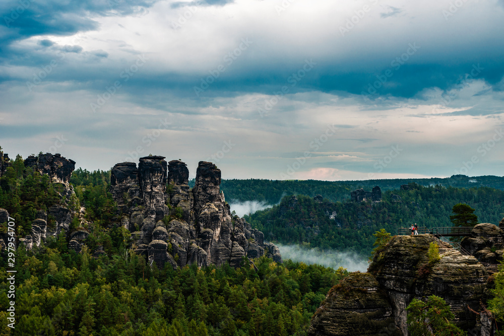 View of the mountains and surroundings near the Bastei Bridge in Saxony Switzerland, Germany.
