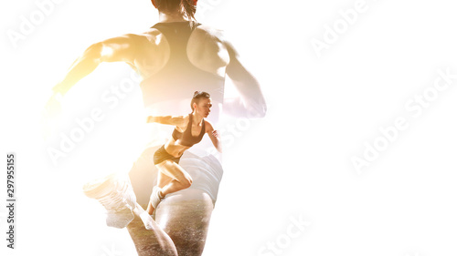 Athlete woman on white. Mixed media photo