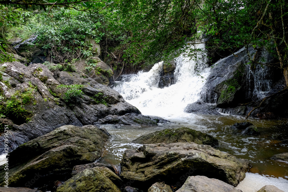 Panoramic view of small waterfalls streaming into small pond in green forest in Khao Yai,  Thailand.