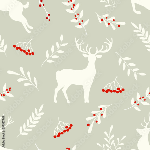 Christmas seamless pattern with winter decorative branch  berries  plants and deers in scandinavian colors. Vector illustration.