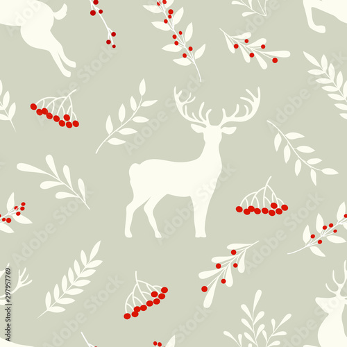 Christmas seamless pattern with winter decorative branch, berries, plants and deers in scandinavian colors. Vector illustration.