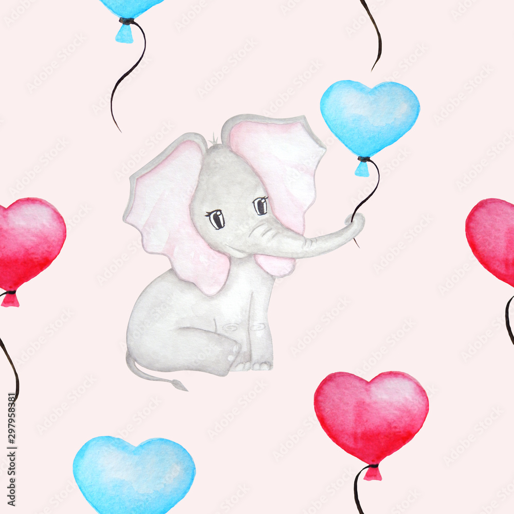 Cute elephant with ballon. Seamless pattern with heart.