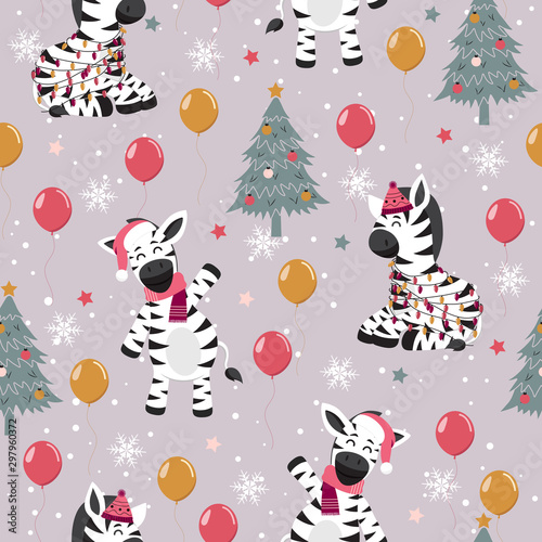 Christmas seamless pattern with zebra background, Winter pattern with happy zebra, wrapping paper, pattern fills, winter greetings, web page background, Christmas and New Year greeting cards
