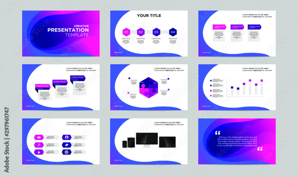 set blue violet liquid creative power point presentation template design