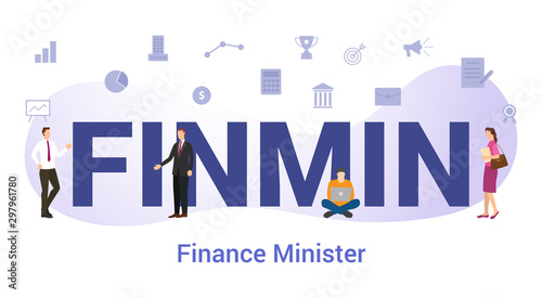 finmin financial or finance minister concept with big word or text and team people with modern flat style - vector