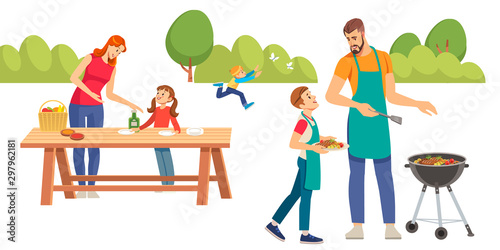 Happy family at a picnic is preparing a barbecue grill outdoors. Family picnic. Bbq party. Food and barbeque summer and grill