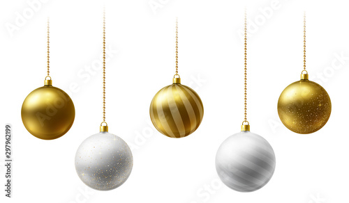 Realistic gold and white Christmas balls hanging on gold beads chains on white background