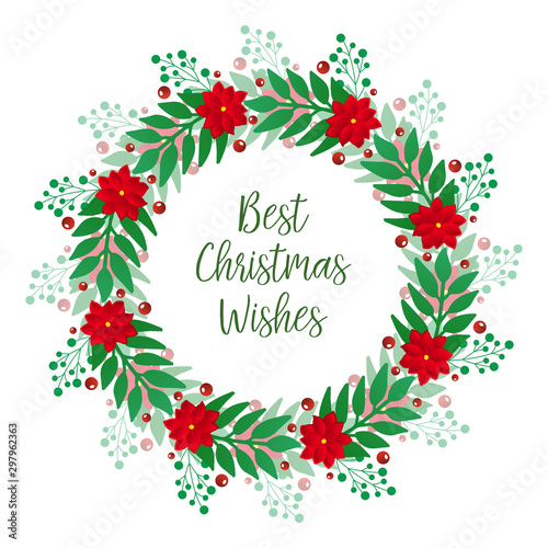 Calligraphy card best christmas wishes, with art of red flower frame beautiful. Vector