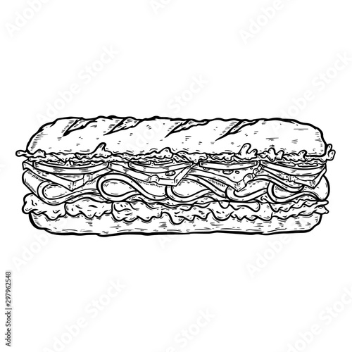 Illustration of submarine sandwich. Design element for poster, card, banner, sign, flyer.Vector illustration